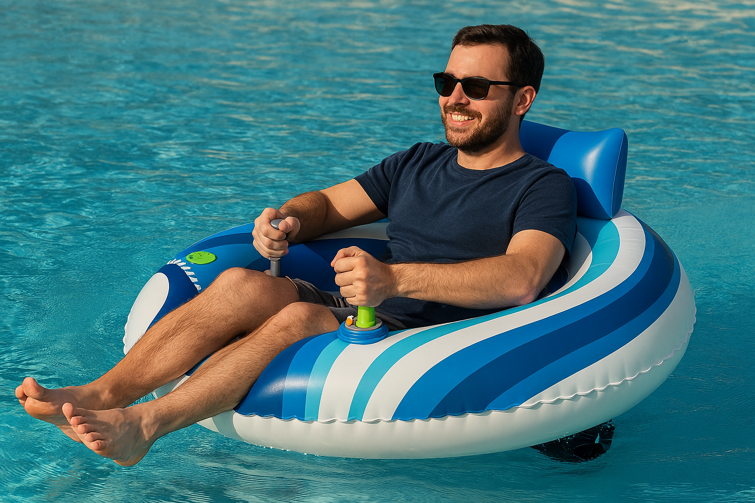 Man Floating On a Motorized Pool Float